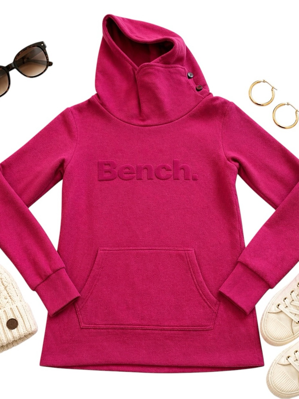 Bench Hot Pink Cowl Neck Fleece Hoodie Layering Sweatshirt Womens XS Y2K in EUC